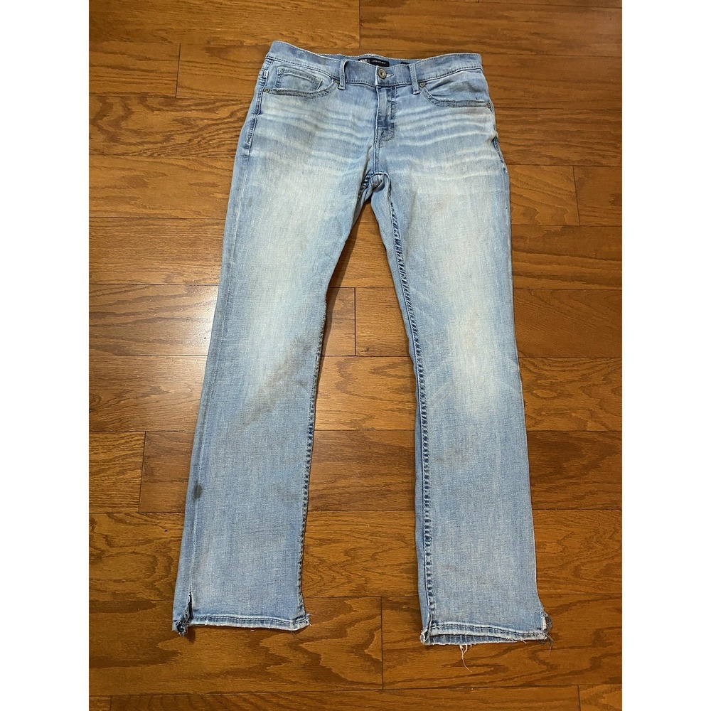 Buckle BKE Jake Jeans Mens 34x32 Blue Denim Straight Leg Leg Slits & Dark Spot